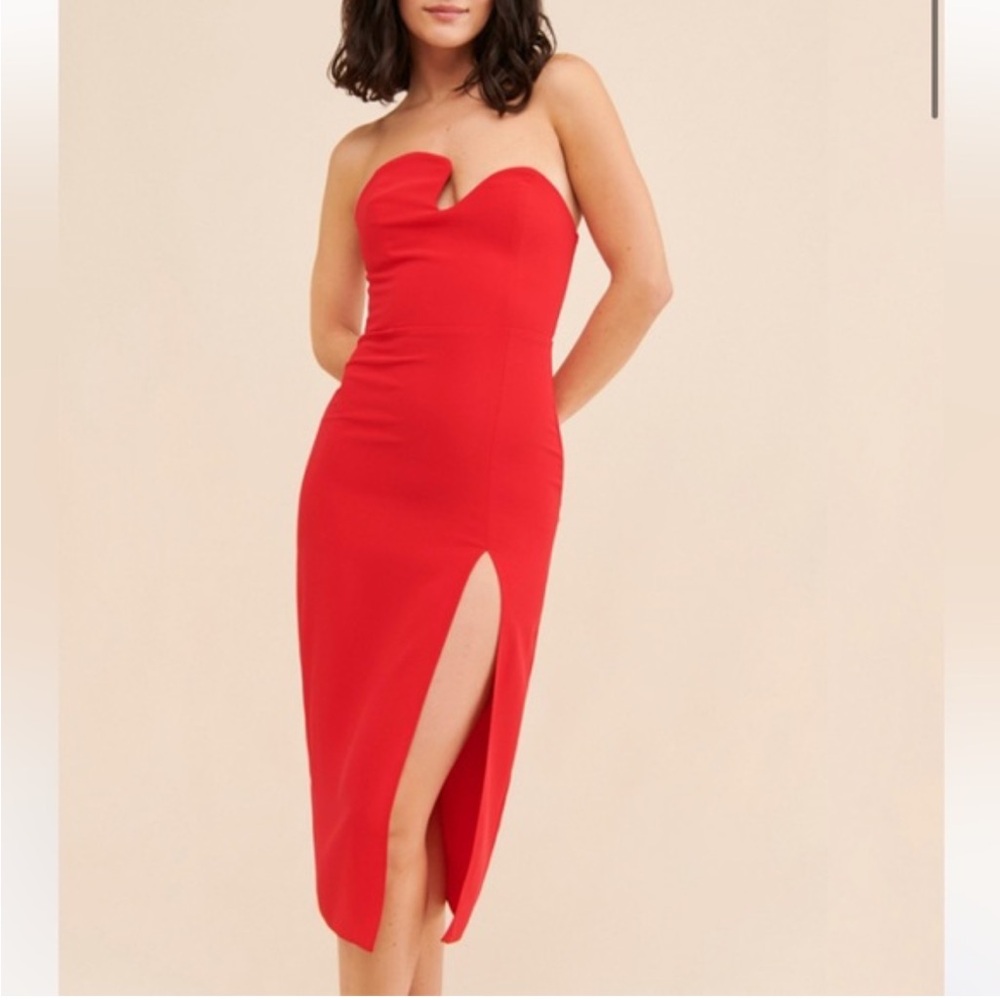 Amanda Uprichard Red Strapless Midi Dress with Front Slit